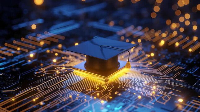 The graduation academic cap stands on a glowing microchip among circuit boards and bokeh lights, a concept of digital education, online learning, and IT courses.	
