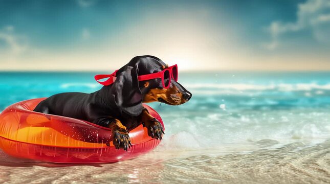 A dachshund wearing red sunglasses is resting on an inflatable ring in the clear water of a swimming pool or the sea, a concept for a summer vacation.	
