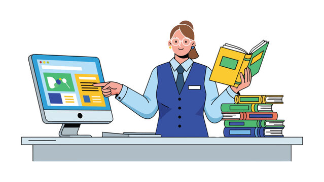 Digital Library: An illustration of a librarian standing behind a desk, pointing towards a computer screen while holding a book, with a stack of books beside. Capturing the essence of digital age