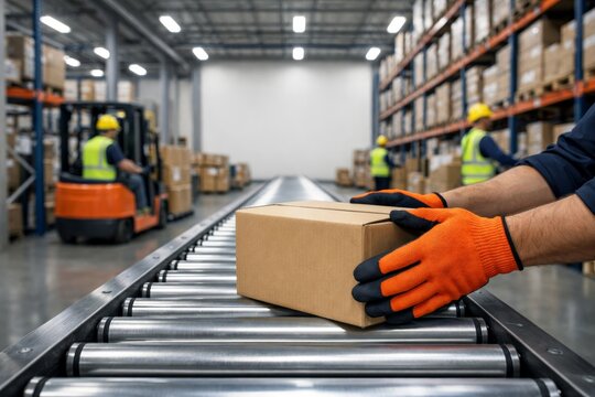 Worker placing box on industrial conveyer line in warehouse concept. Ai generative