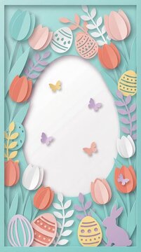 Easter Egg Frame Paper Cut Background with Tulips and Butterflies PSD