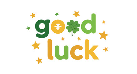 Naklejka premium Vibrant 'Good Luck' message with shamrock and sparkling stars for positive wishes and hopeful beginnings. A cheerful graphic design element for