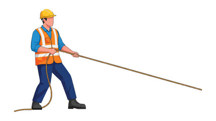 The Builder's Effort: An illustration of a builder pulling a rope with determination and focus, wearing a safety vest and hard hat, set against an empty canvas background.