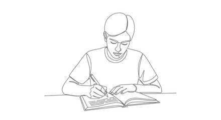 Boy writing in book, minimalist line art, education concept