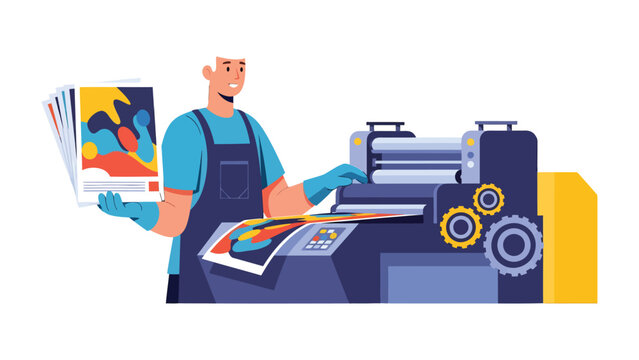 Printing Press Technician at Work: A skilled technician diligently operates a large-format printing press, ensuring the delivery of high-quality prints with precision and care.