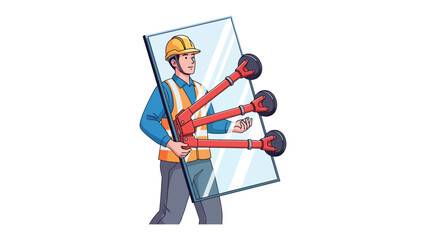 Fototapeta premium Glass Installation in Progress: A construction worker carefully maneuvers a large pane of glass, utilizing specialized suction cup tools to ensure a secure and precise installation.