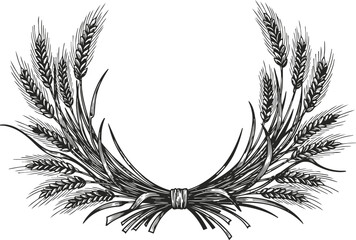 Obraz premium Wheat wreath silhouette bundle of rye ears tied with rope, vintage rustic agricultural design