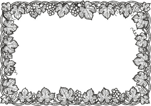 Decorative vintage grapevine border frame with leaves and bunches of grapes in black and white