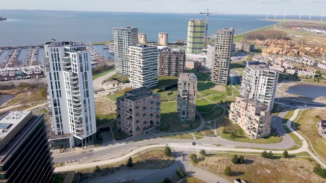 Almere Poort, modern high-rise buildings aerial view, Flevoland, Netherlands