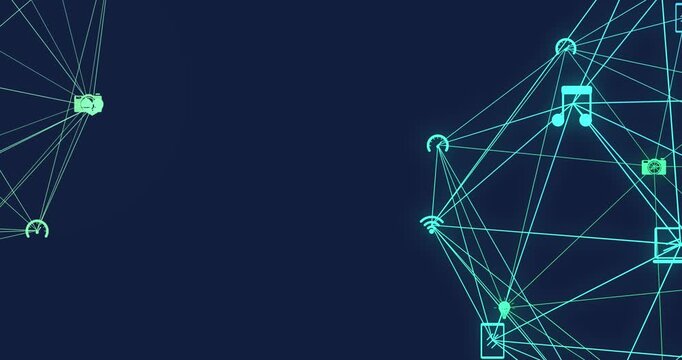 Animation of network of connections with icons on blue background