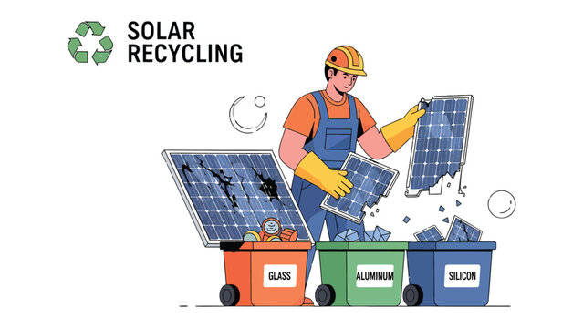 Solar Panel Recycling Process: A worker in protective gear sorts damaged solar panels into separate bins labeled 'glass', 'aluminum', and 'silicon'.