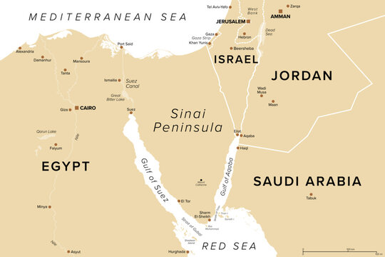 Sinai Peninsula region, Egypt, political map. Sinai, a continental land bridge between Asia and Africa. The Suez Canal, an artificial sea-level waterway, connects Mediterranean Sea and Red Sea. Vector