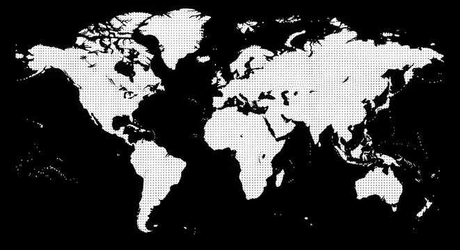 A black and white image of a world map on a black background. the map is white with black dots making up the image. the continents are distinctly visible.