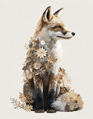 Obraz premium Elegant fox illustration with delicate floral composition in soft beige and brown tones. Decorative nature artwork combining a realistic fox portrait with blooming flowers, perfect for nursery