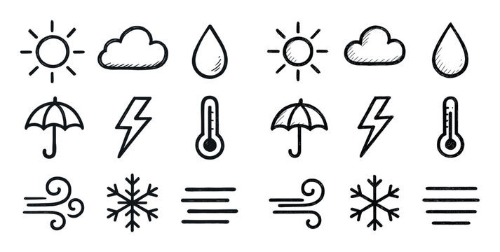 Weather icons with sun cloud rain sketch