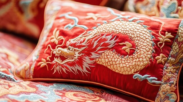 Embroidered dragon pillow on a bed with rich fabrics.  Detailed, vibrant embroidery of a mythical dragon, set against a backdrop of crimson red.  Intricate stitching and scales