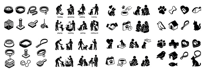 Naklejka premium Pet care icons with paw bowl bone minimal