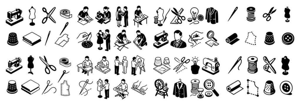 Sewing icons with mannequin scissors thread minimal