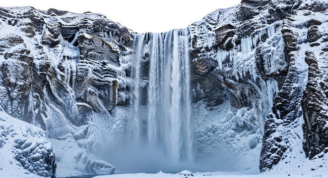 Frozen waterfall cascading down snow covered cliffs icicles