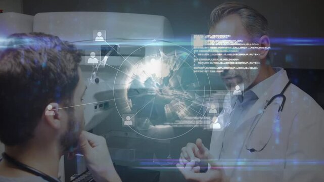 Rotating globe with profile icons, data over caucasian doctors discussing in operating room