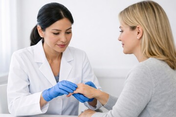 Fototapeta premium Dermatologist examining patient's skin during consultation. Ai generative