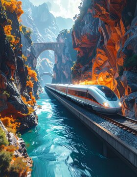 High-speed train journeying through a vibrant canyon with a river and autumn foliage.