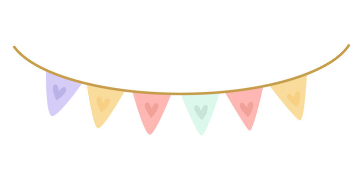 A pastel-colored garland of triangular flags with hearts for the holiday. Vector illustration.