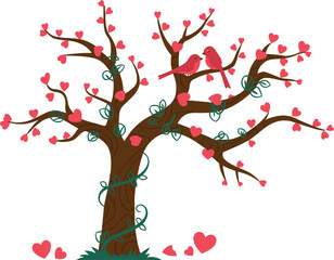 Naklejka premium Beautiful love tree with heart shaped leaves and two red birds sitting together
