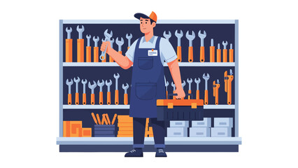 Mechanic's Ready: A skilled mechanic, equipped with tools, stands ready beside a wall filled with organized wrenches, ready for any repair challenge. © Nadim