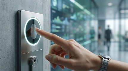 Hand placing finger on scanner for secure entry to a modern office building