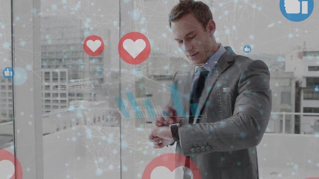 Animation of heart and like icons, connected dots over caucasian businessman using smartwatch