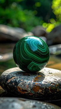 Malachite Sphere on River Rock with Lush Green Background.