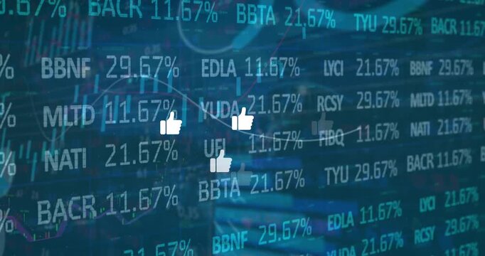 Animation of like icons against statistical and stock market data processing on blue background