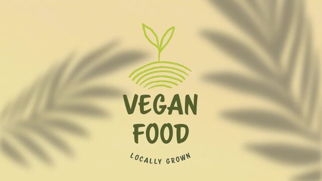 Animation of vegan food locally grown text over leaves shadow and yellow background