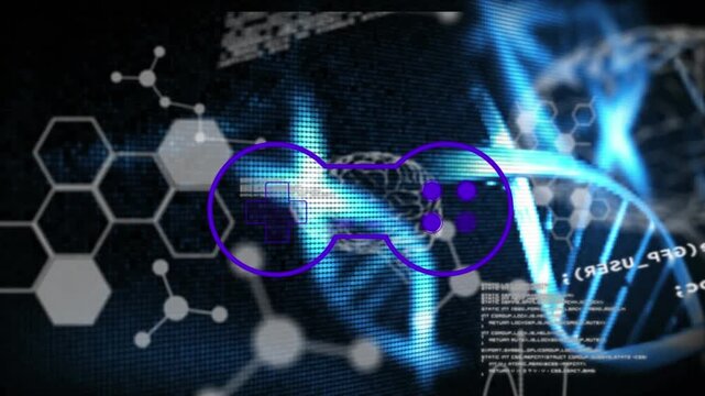 Animation of dna strands, video console, scientific data processing and network of connections
