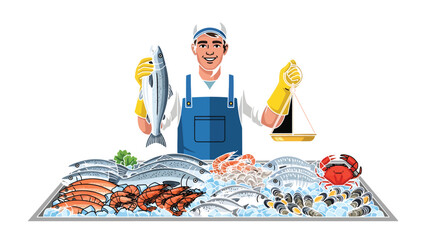 The Fishmonger's Display: A fishmonger stands proudly amidst a bountiful display of fresh seafood, showcasing a variety of fish and shellfish. © Abdul