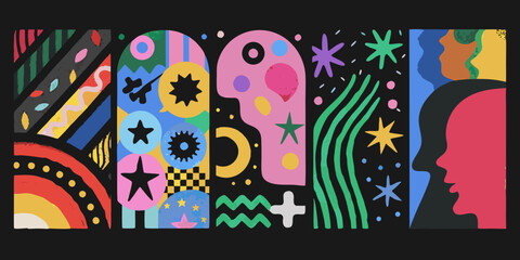 Obraz premium Abstract colorful shapes and figures arranged in a playful illustrative composition