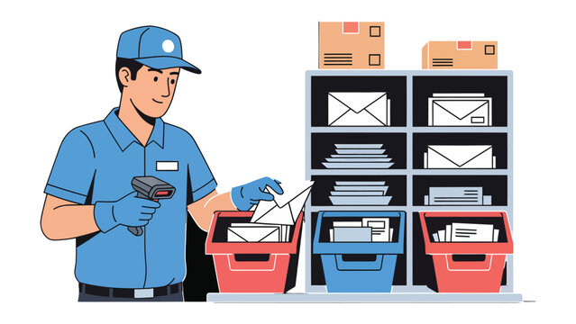 Sorting and Delivery: A postal worker, diligently sorting mail with modern scanning technology, epitomizing efficient service and the essential role of communication. 