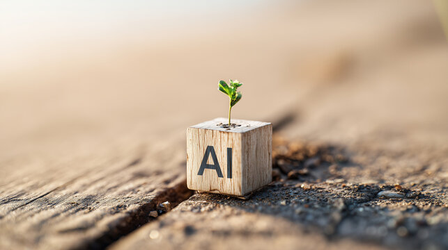 A small green plant grows out of a wooden block with the letters AI on it, symbolizing innovation and technology.