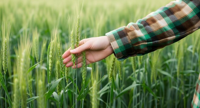 Farmer examining green wheat crops with hand in sunlit agricultural field