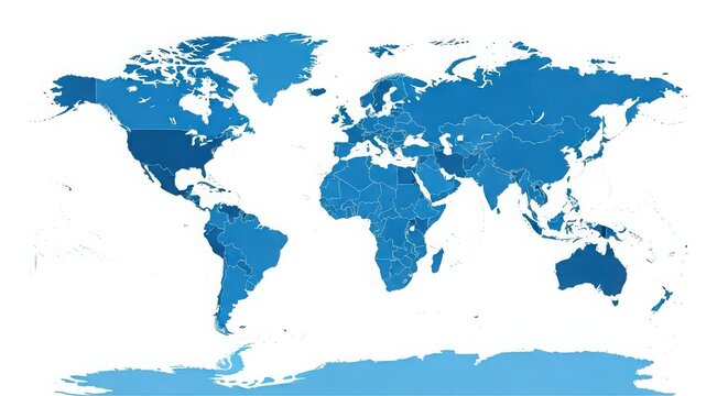 A blue map of the world on a white background with country borders