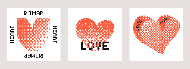Abstract bitmap pixel heart created with halftone dots and geometric elements. Digital glitch style symbol representing love, emotion. Graphic design for poster, print, banner, or Valentine concept