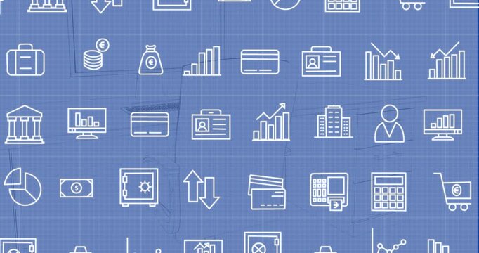 Animation of business icons over desk with computer on blue background