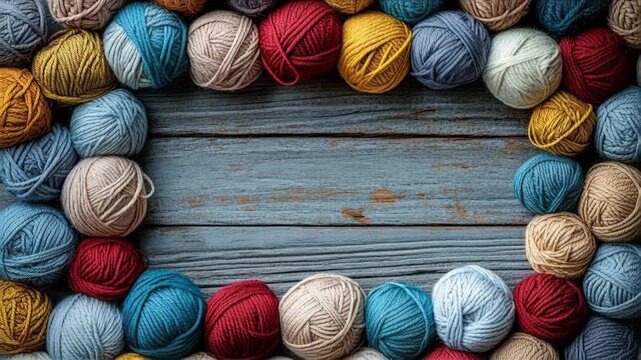 Many multicolored balls of wool yarn creating a frame on a rustic blue wooden surface