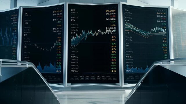 Digital Stock Market Data Displayed on Multiple Screens in a Modern Trading Room