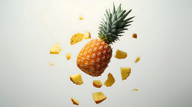 Fresh pineapple chunks flying around a whole pineapple