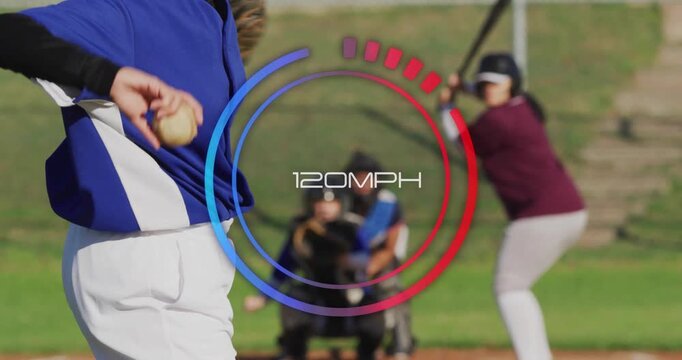 Female pitcher winding up on baseball field, with sports tech overlay showing 55&nbsp;MPH speed