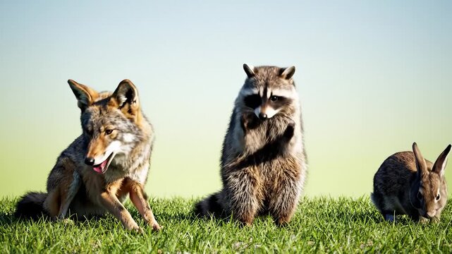 Coyote, Raccoon, and Rabbit Interact on Grassy Field Under Clear Sky