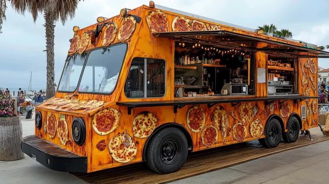 Colorful food truck decorated with pizzas parked on a boardwalk by the sea