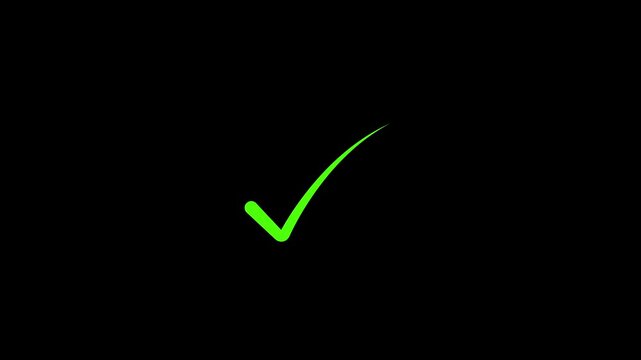 Green checkmark symbol glowing on black background abstract animation for approval success confirmation